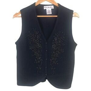 VTG JH Collectibles Black Beaded Floral Sweater Cardigan Vest Wool Blend Small